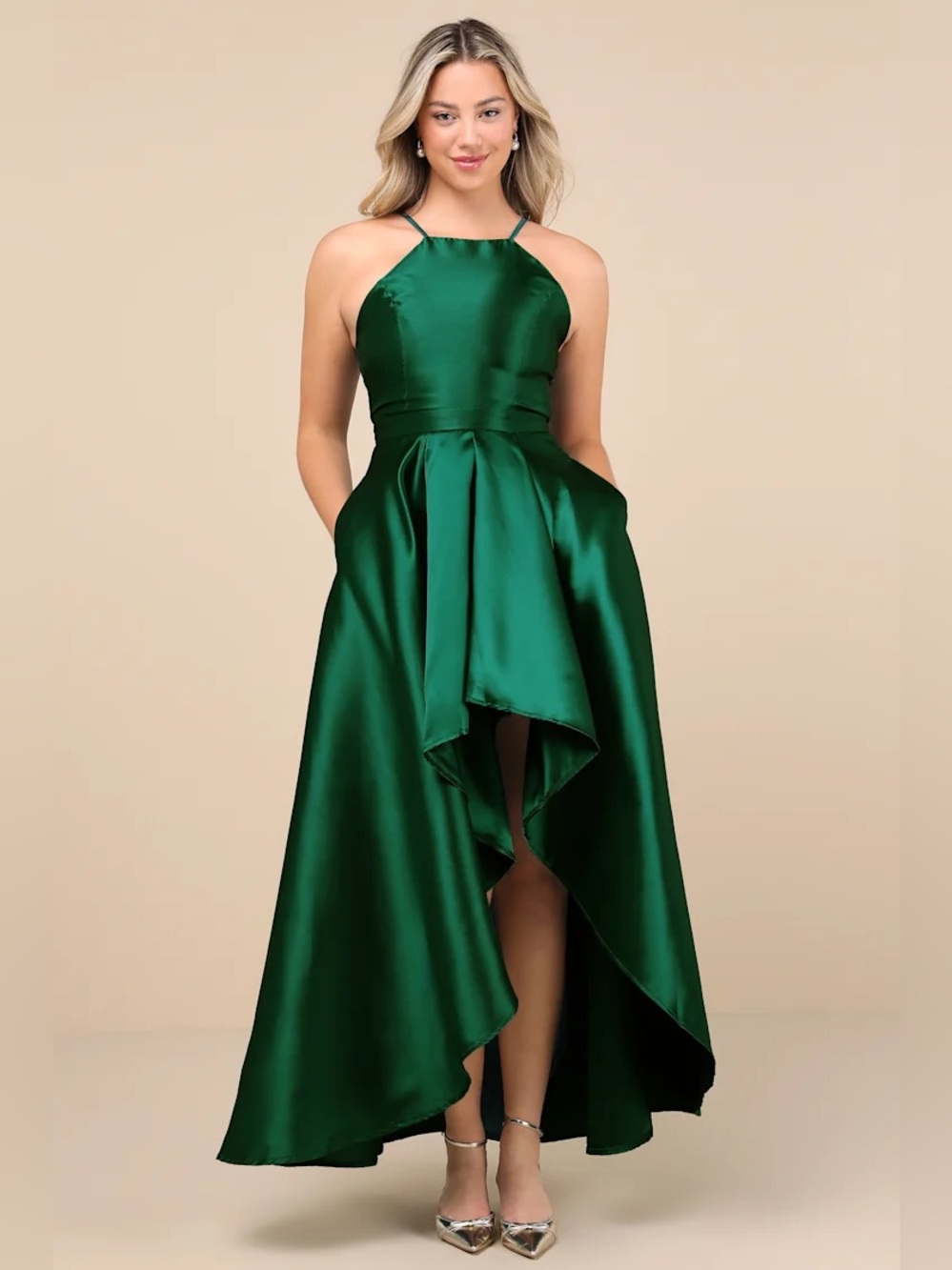 New Lulus Women Broadway Show Emerald Green High-Low Gown Maxi Dress Size Large